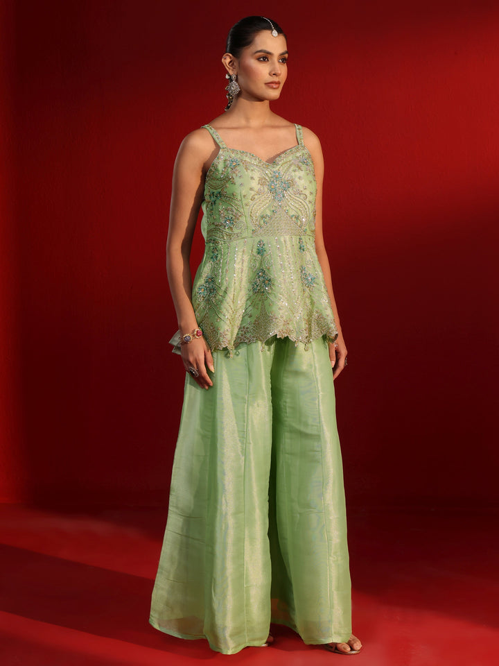 Libas Art Green Embellished Strappy Tissue Palazzo Suit Set