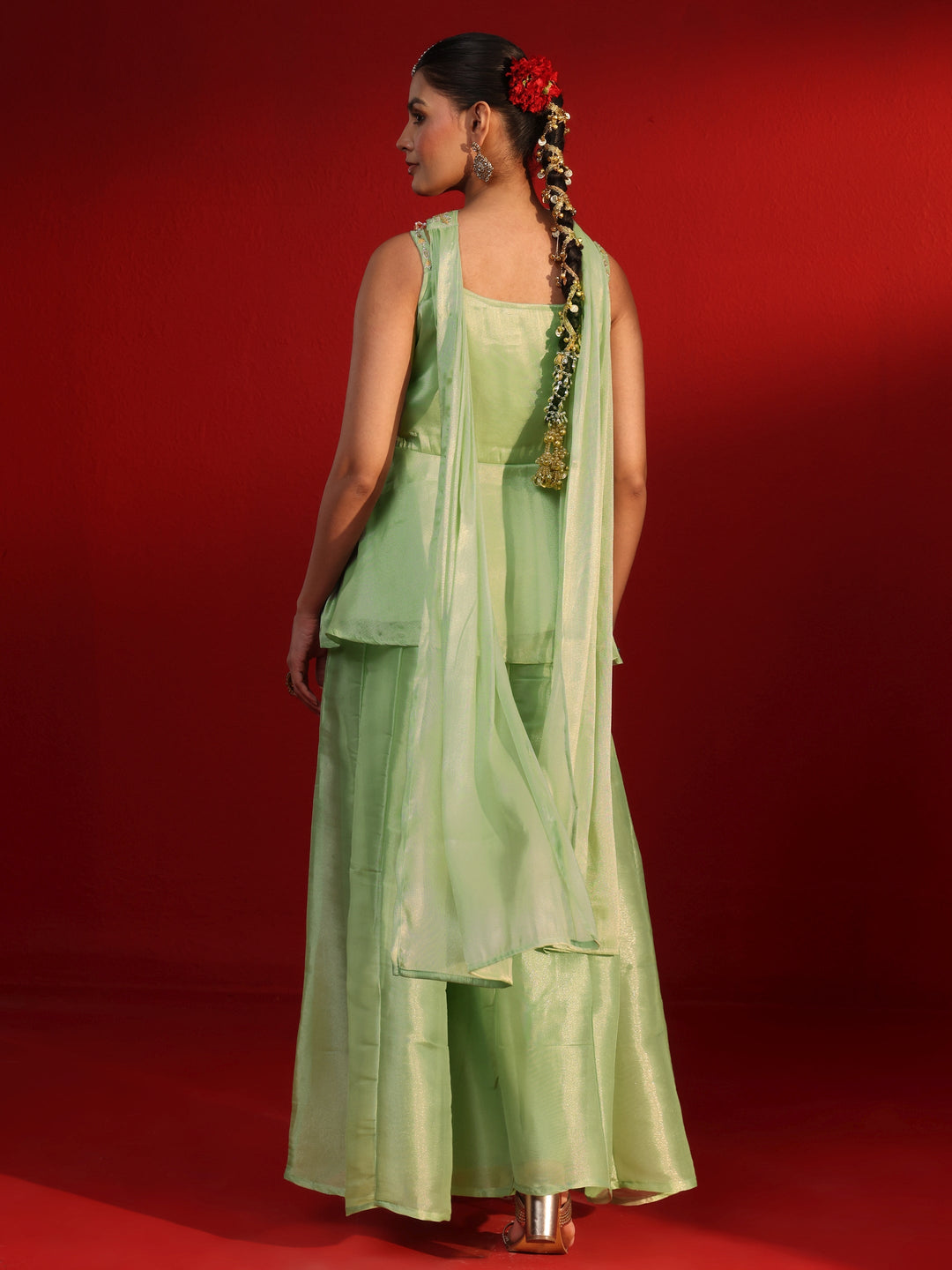 Libas Art Green Embellished Strappy Tissue Palazzo Suit Set