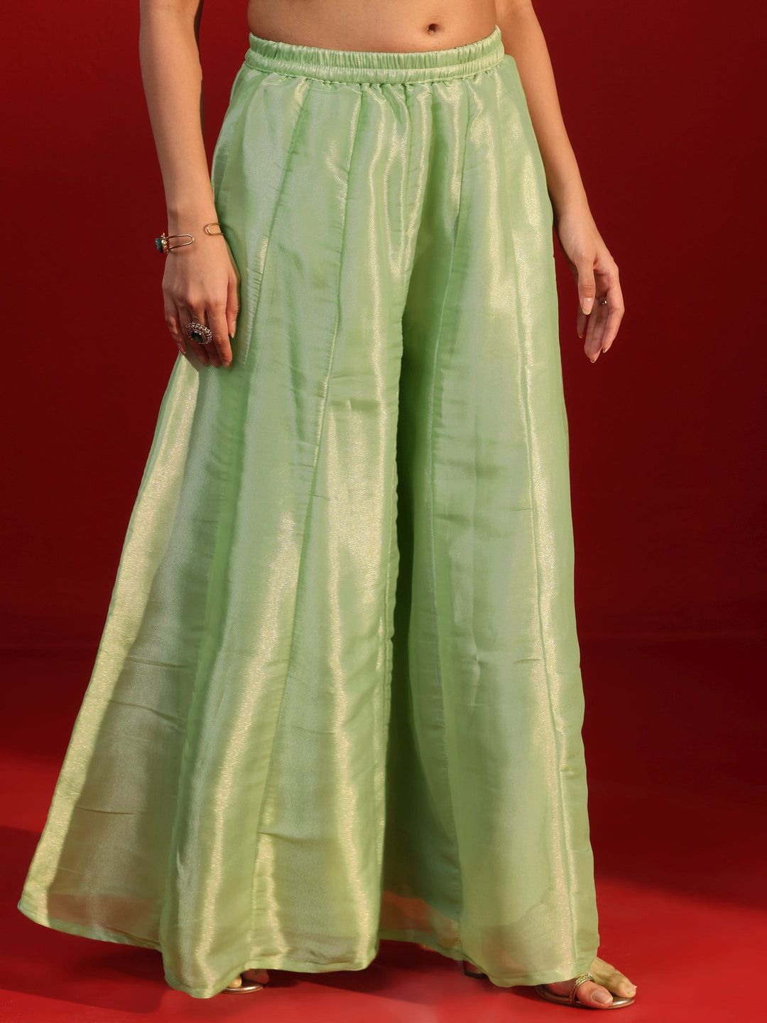 Libas Art Green Embellished Strappy Tissue Palazzo Suit Set