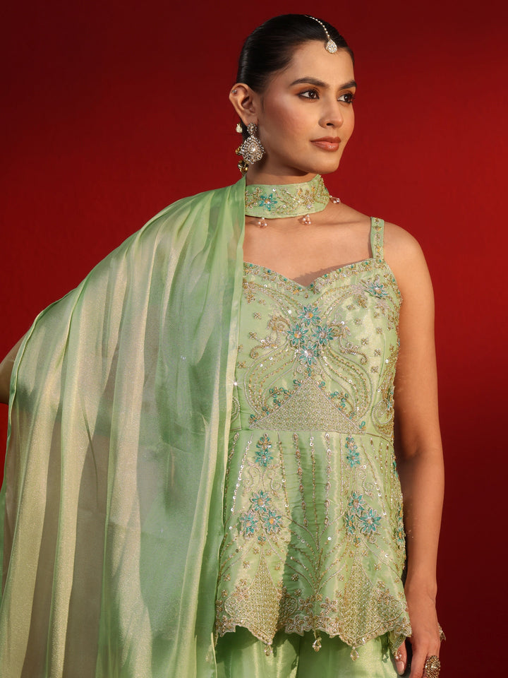 Libas Art Green Embellished Strappy Tissue Palazzo Suit Set