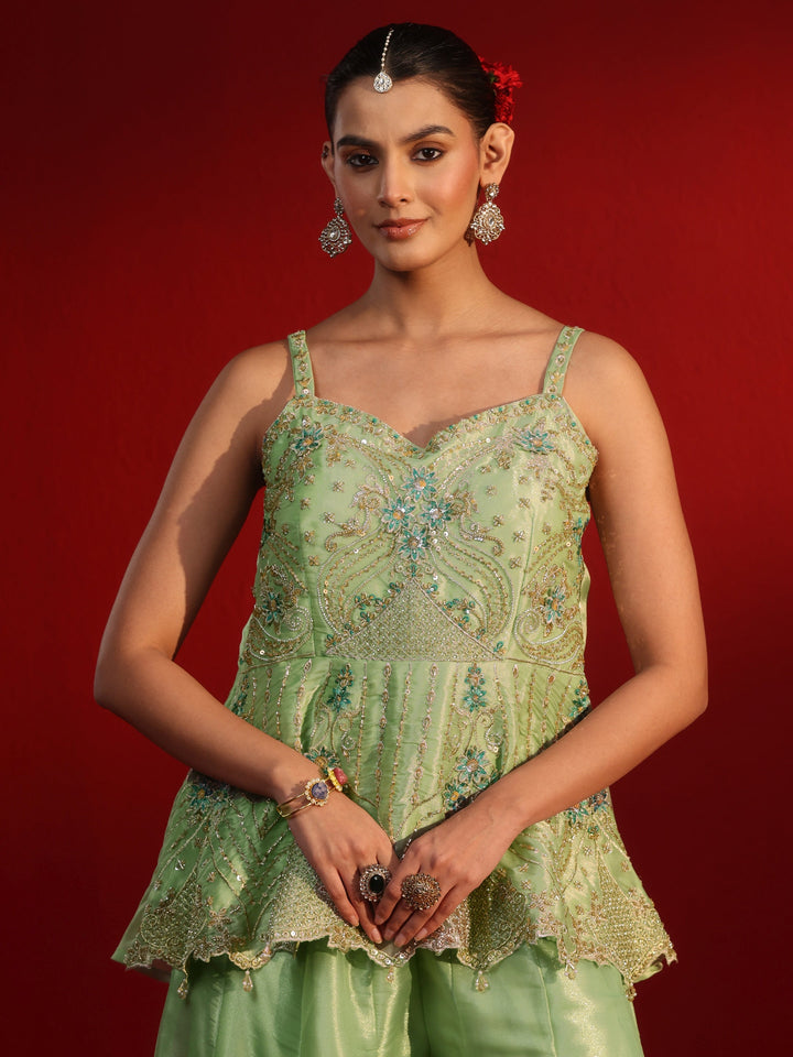Libas Art Green Embellished Strappy Tissue Palazzo Suit Set