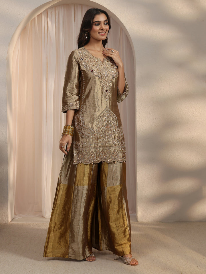 Libas Art Golden Embellished Silk Blend Palazzo Suit Set