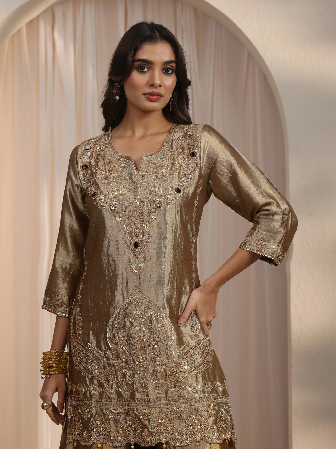 Libas Art Golden Embellished Silk Blend Palazzo Suit Set