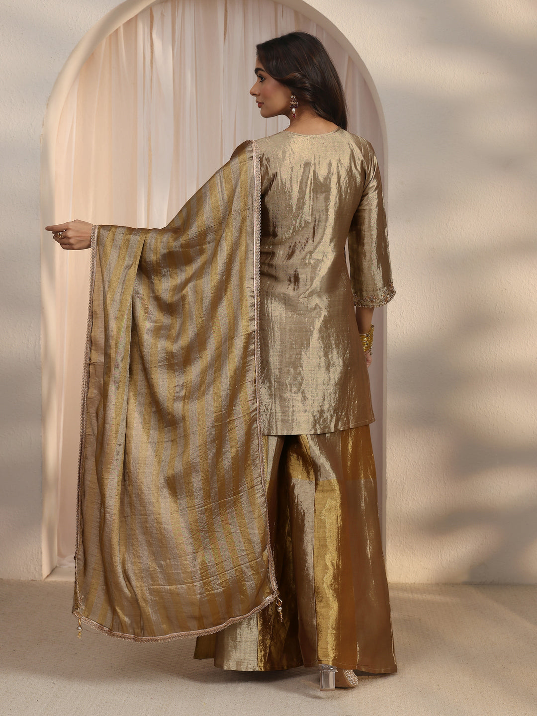 Libas Art Golden Embellished Silk Blend Palazzo Suit Set