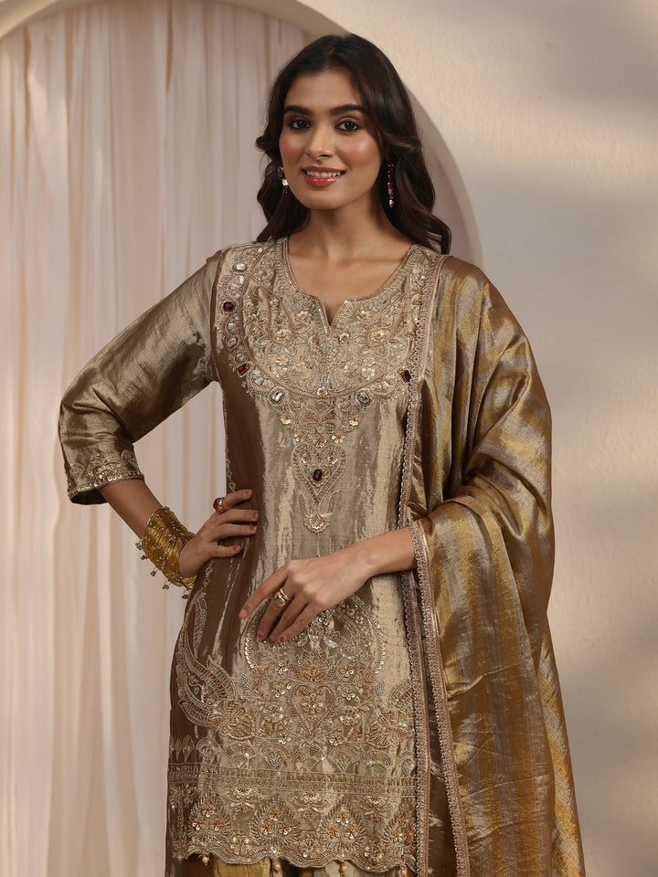 Libas Art Golden Embellished Silk Blend Palazzo Suit Set