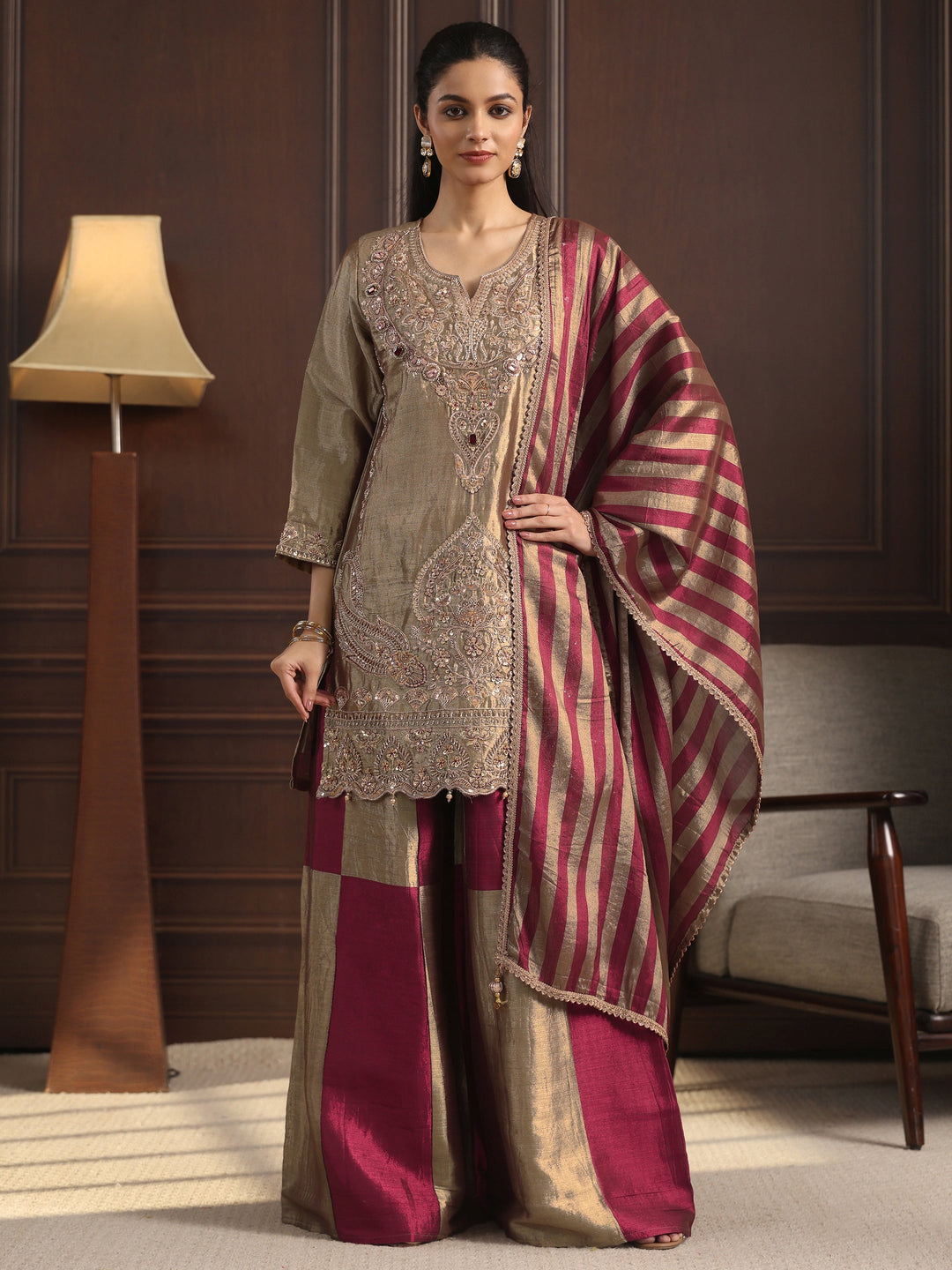 Libas Art Grey Floral Embroidered Silk Blend Palazzo Suit Set