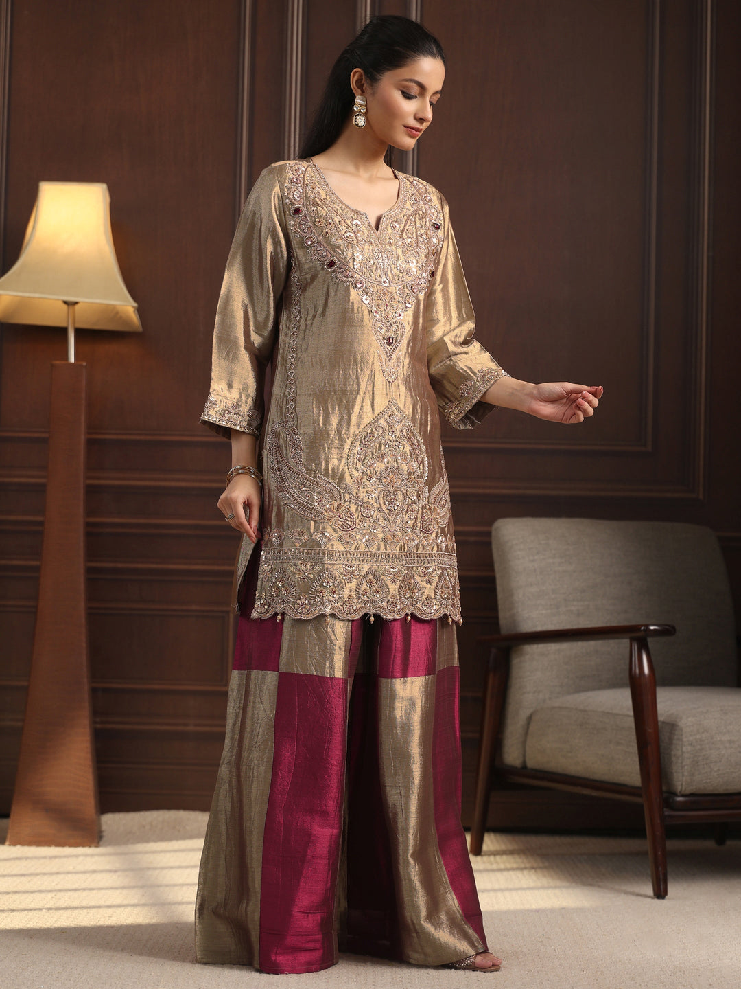 Libas Art Grey Floral Embroidered Silk Blend Palazzo Suit Set