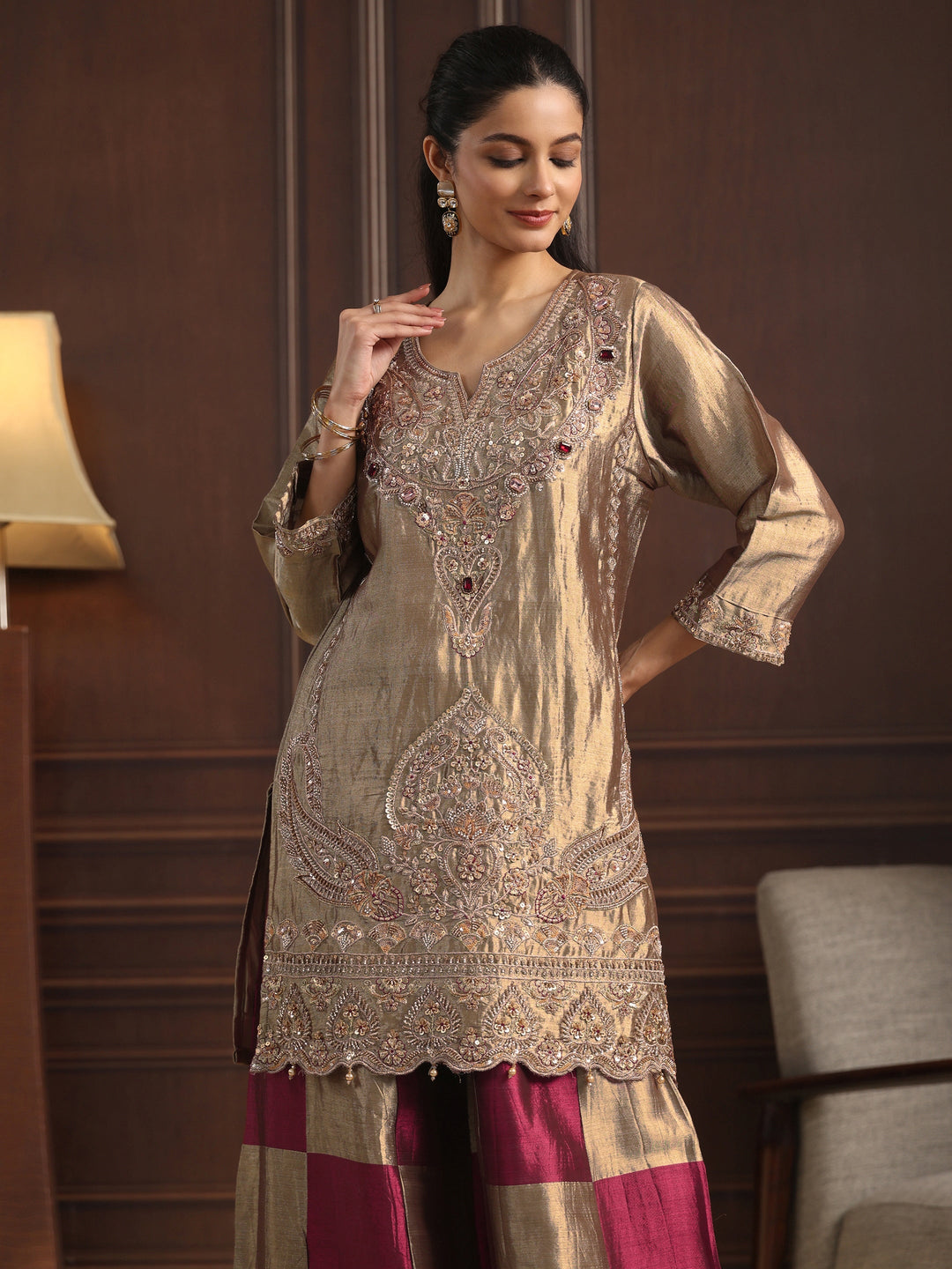 Libas Art Grey Floral Embroidered Silk Blend Palazzo Suit Set