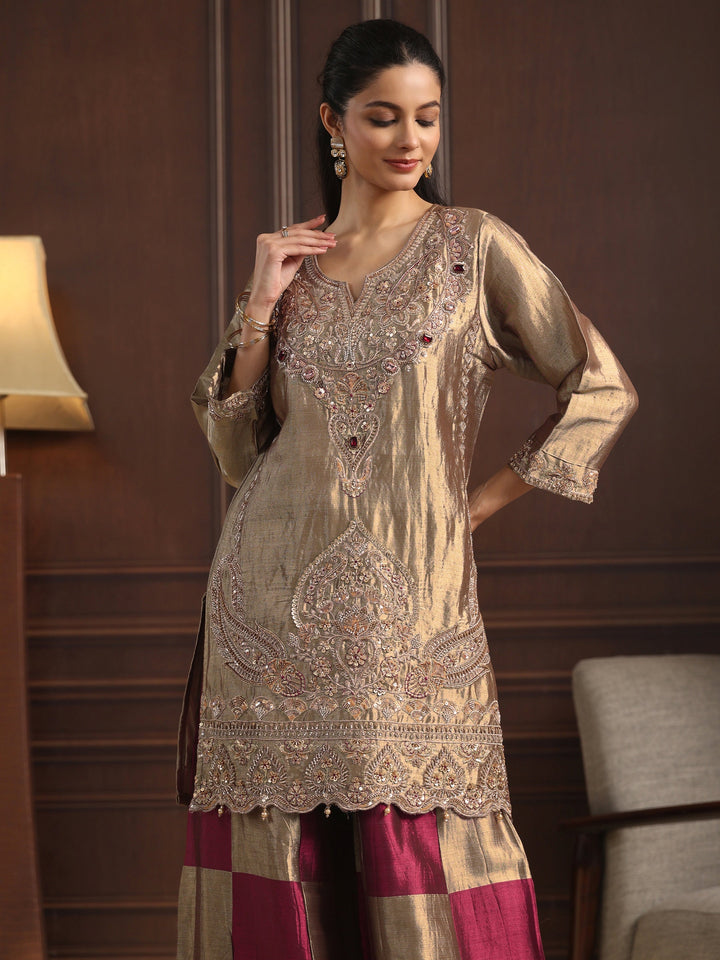 Libas Art Grey Floral Embroidered Silk Blend Palazzo Suit Set