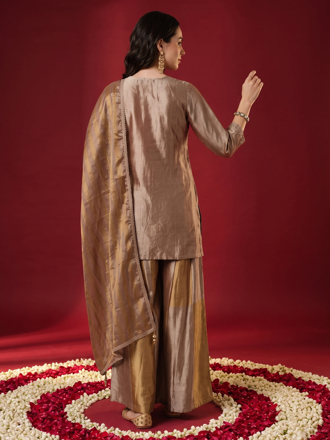 Libas Art Grey Embellished Silk Blend Palazzo Suit Set