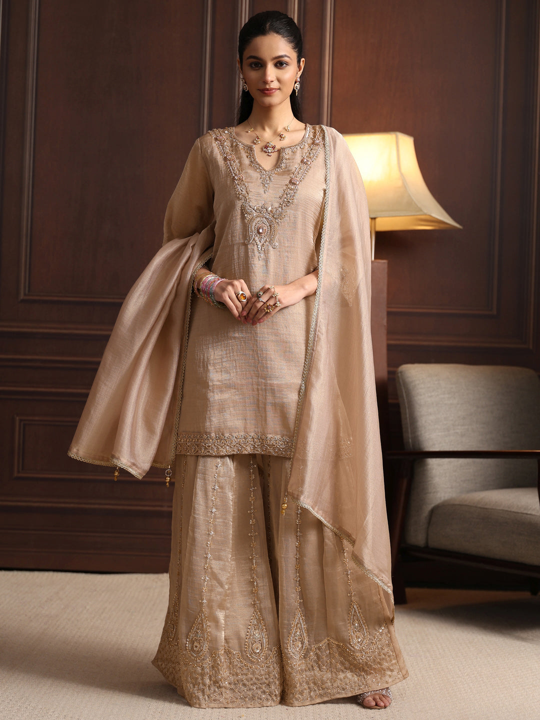 Libas Art Taupe Grey Yoke Design Embellished Tissue Sharara Suit Set