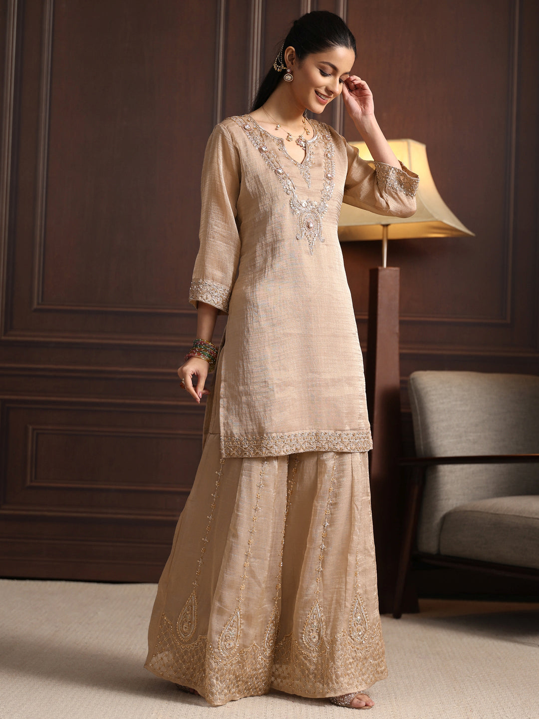 Libas Art Taupe Grey Yoke Design Embellished Tissue Sharara Suit Set