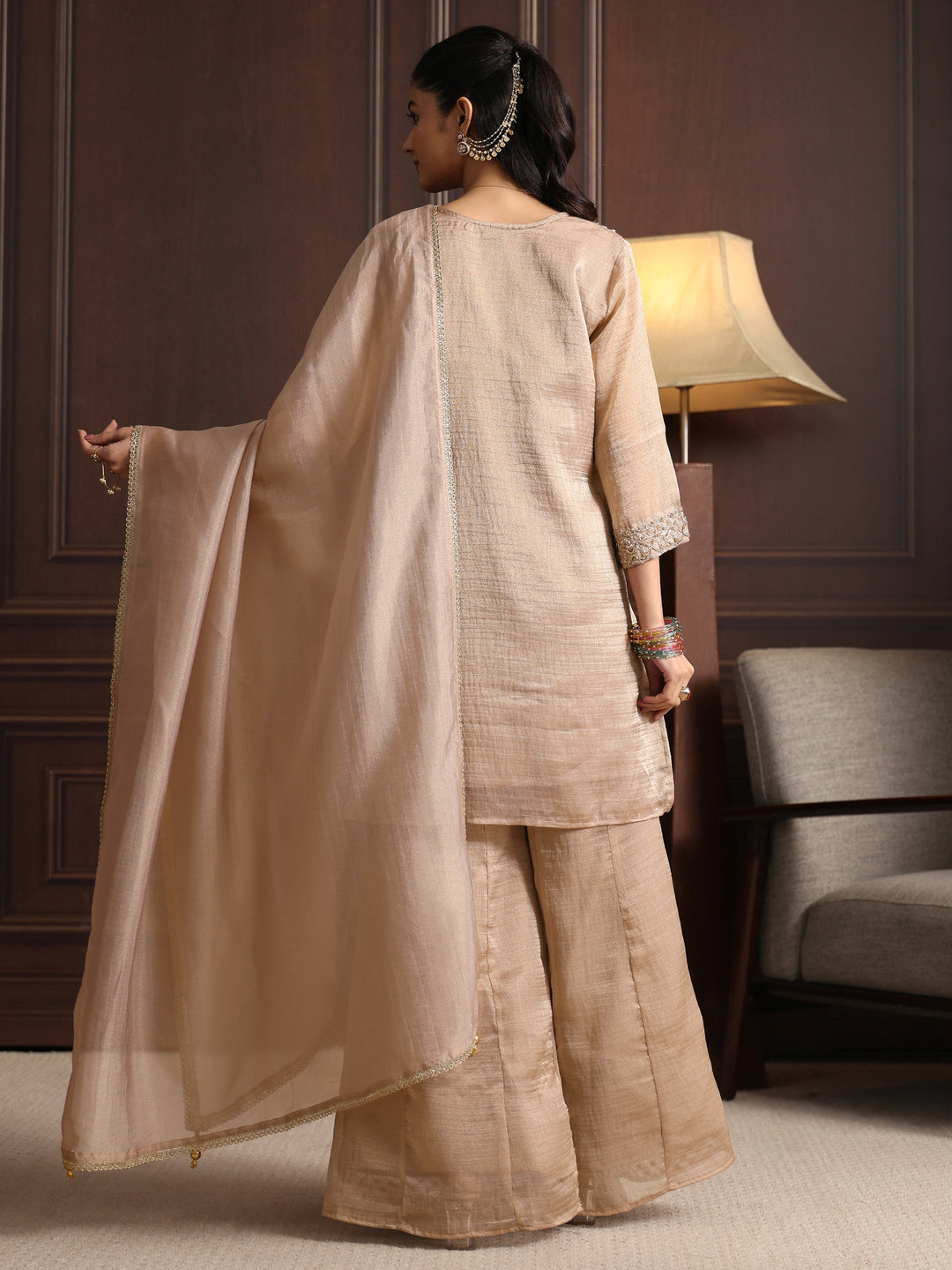 Libas Art Taupe Grey Yoke Design Embellished Tissue Sharara Suit Set