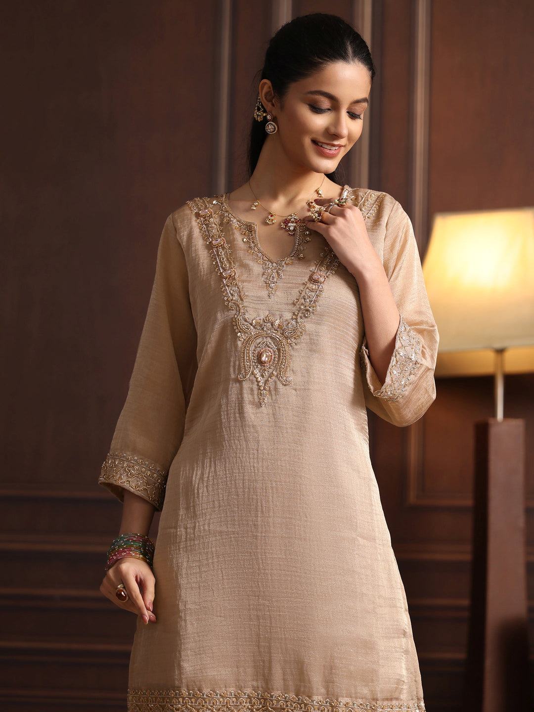 Libas Art Taupe Grey Yoke Design Embellished Tissue Sharara Suit Set