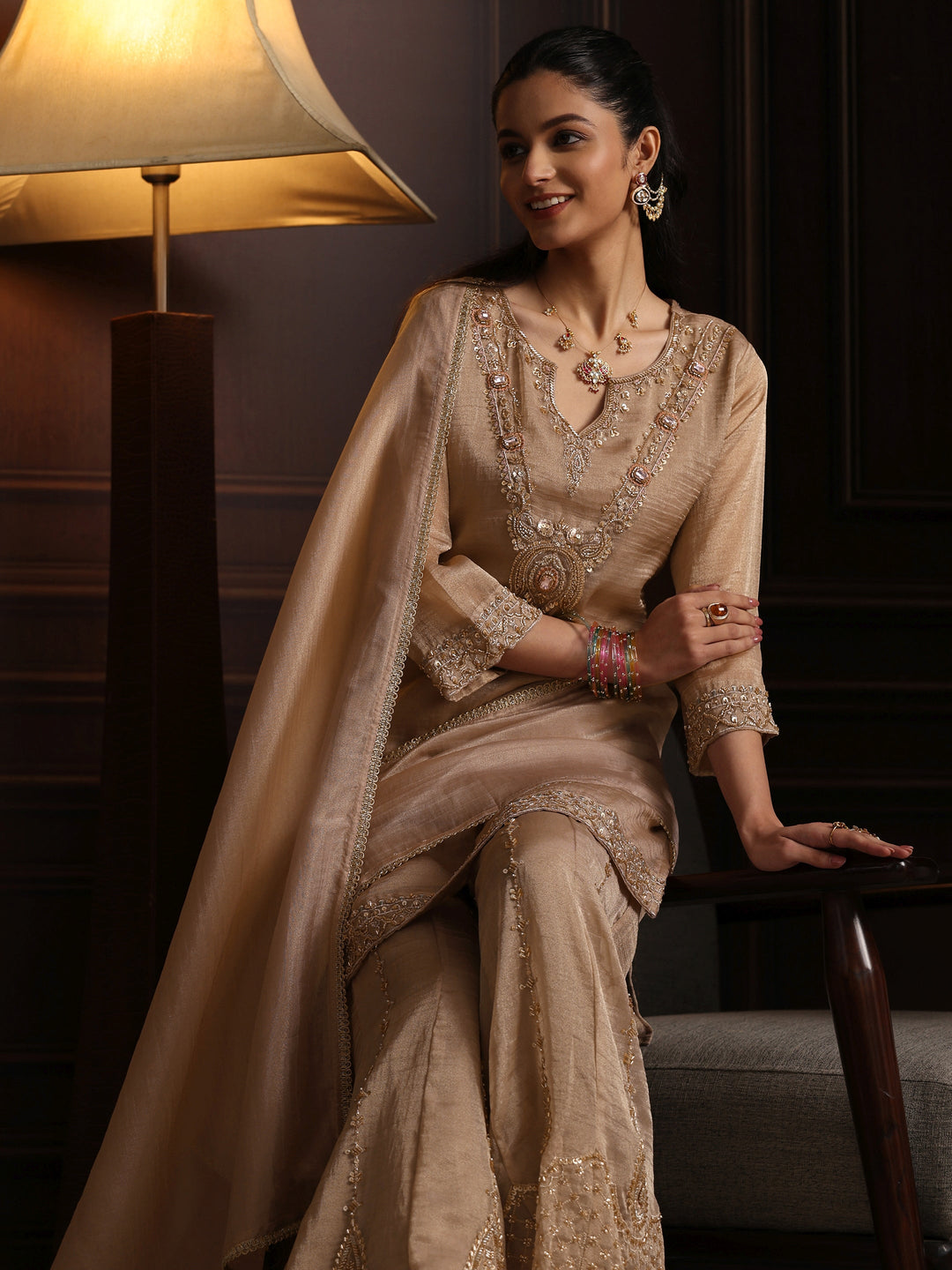 Libas Art Taupe Grey Yoke Design Embellished Tissue Sharara Suit Set