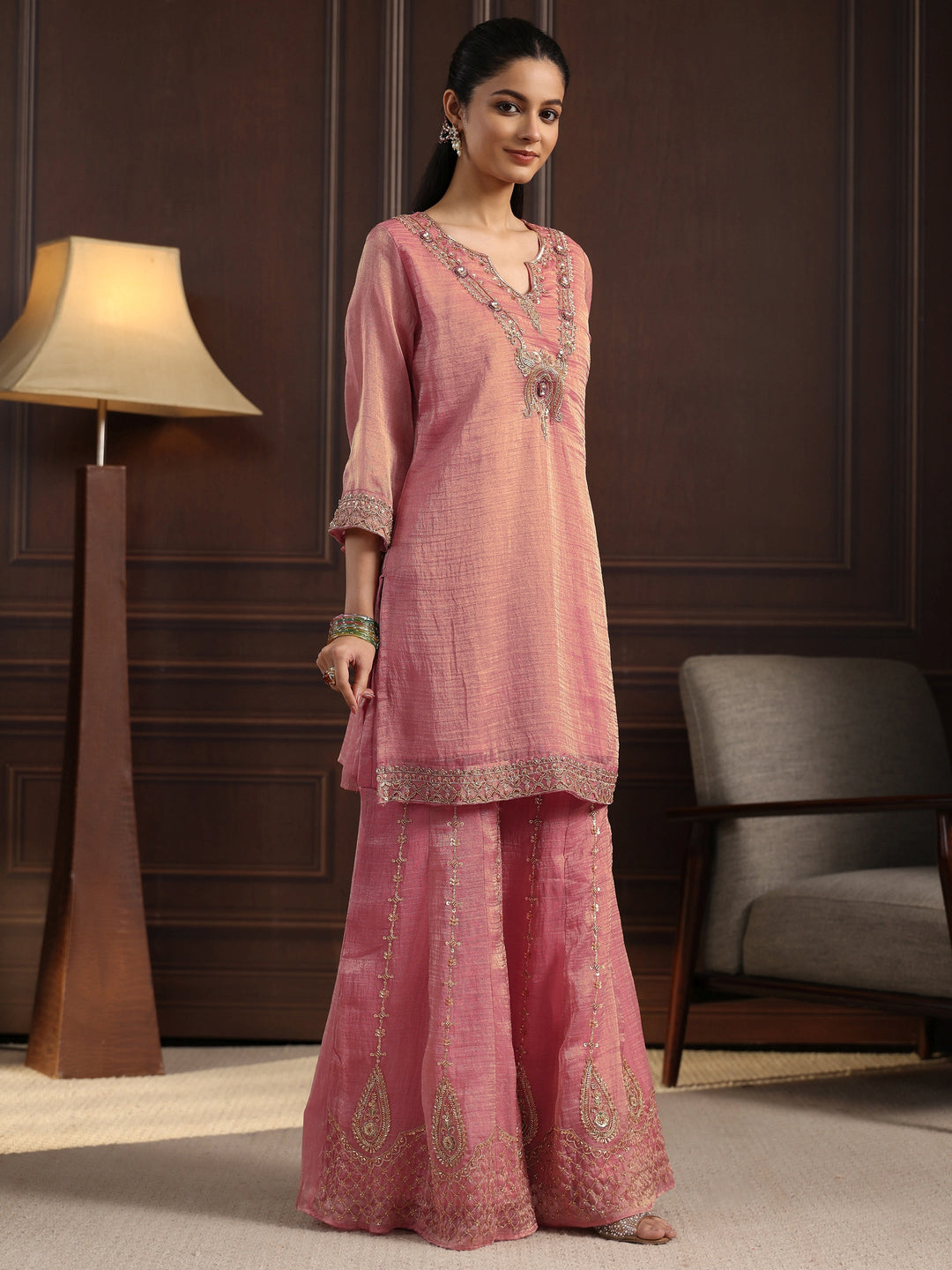 Libas Art Pink Yoke Design Embellished Tissue Sharara Suit Set