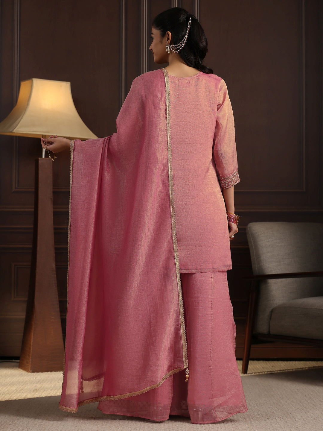 Libas Art Pink Yoke Design Embellished Tissue Sharara Suit Set