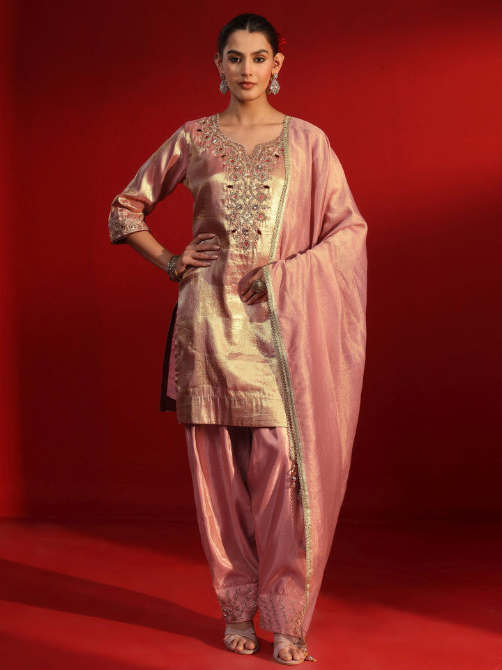 Libas Art Pink Yoke Embellished Silk Blend Farshi Salwar Suit