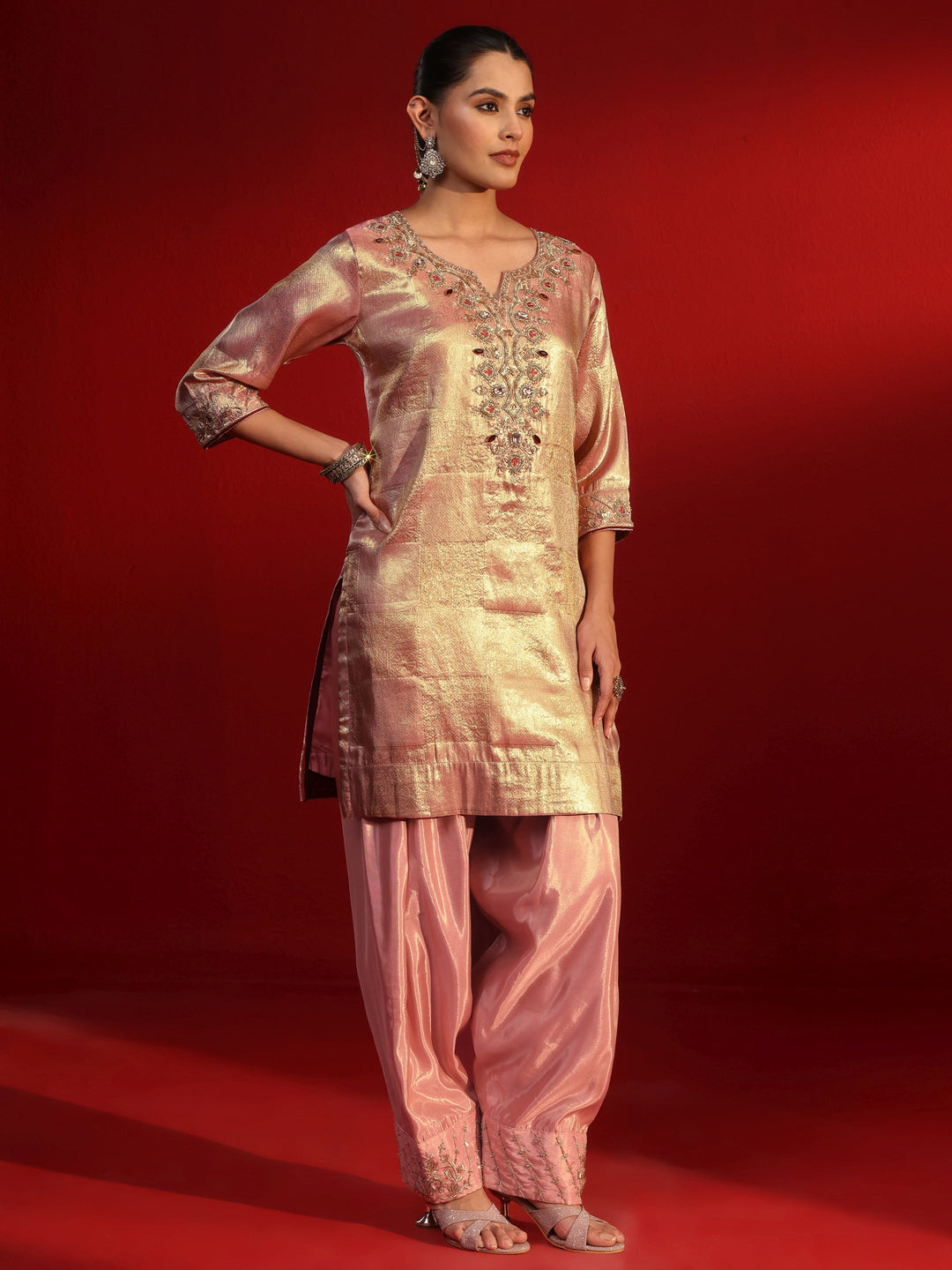 Libas Art Pink Yoke Embellished Silk Blend Farshi Salwar Suit