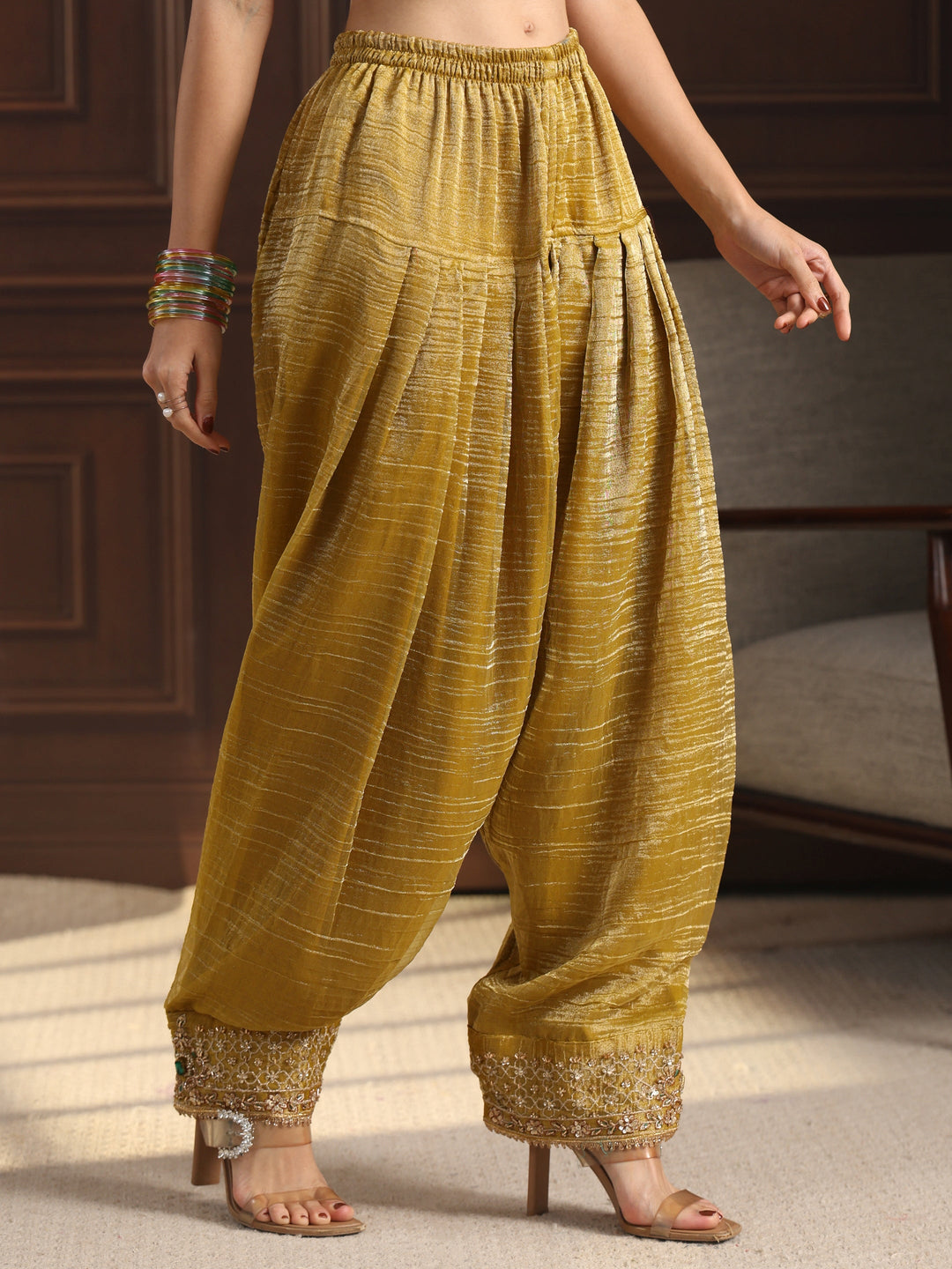 Libas Art Mustard Yoke Design Embellished Tissue Farshi Salwar Suit