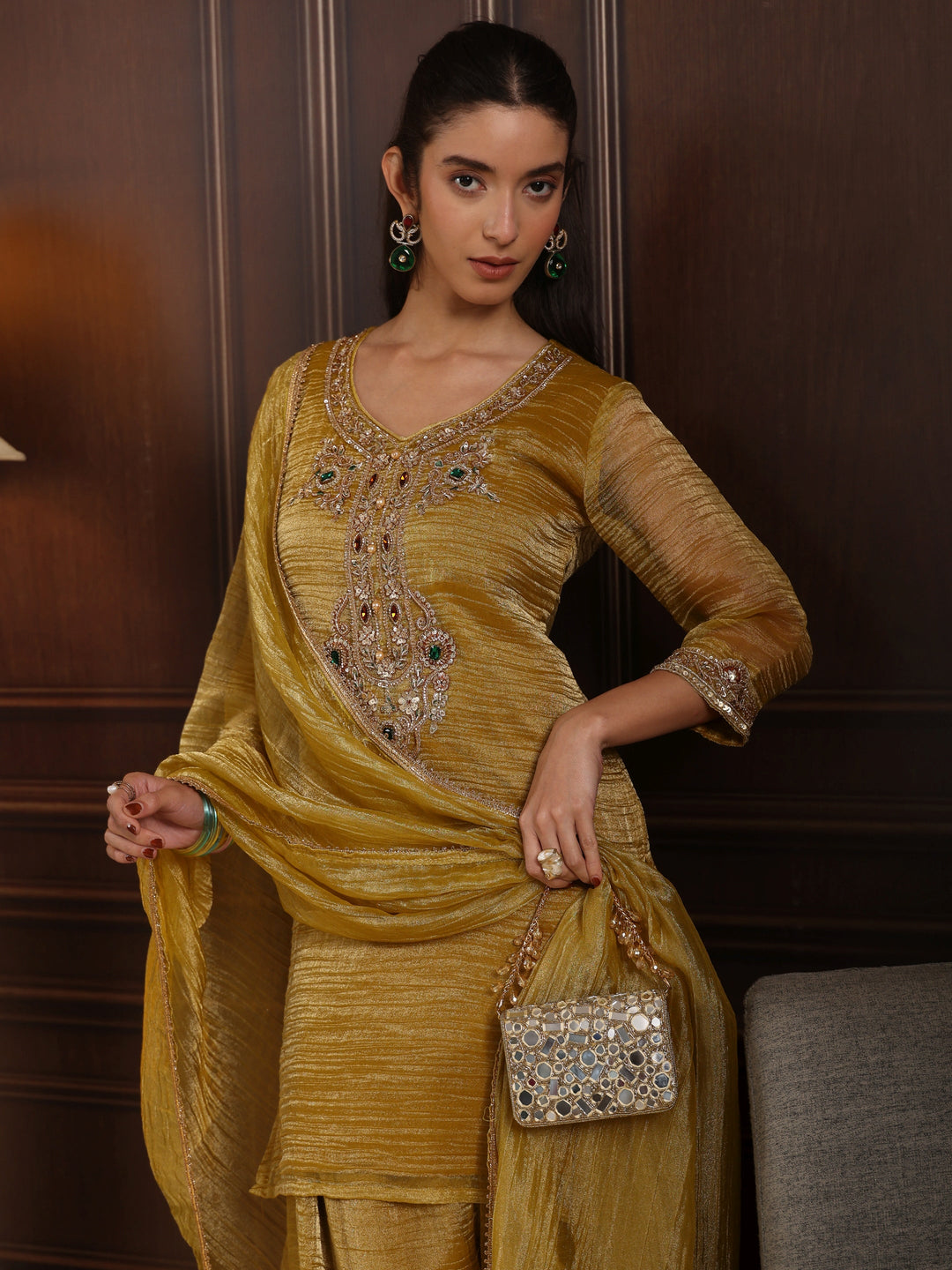 Libas Art Mustard Yoke Design Embellished Tissue Farshi Salwar Suit