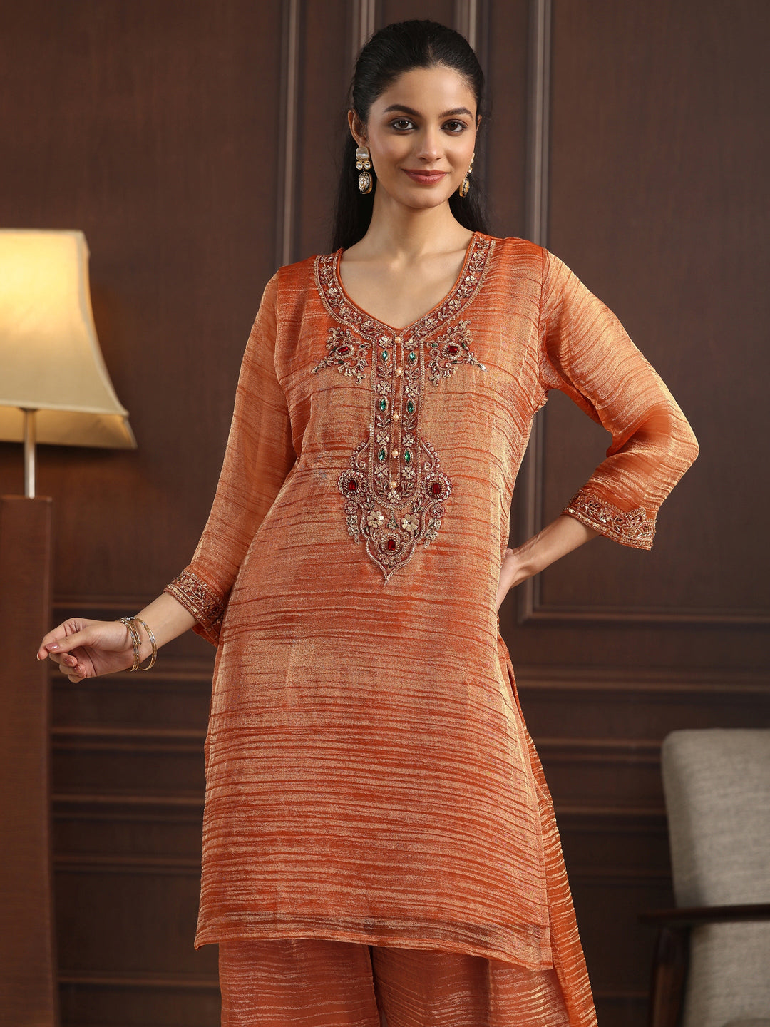 Libas Art Rust Red Yoke Design Embellished Tissue Farshi Salwar Suit