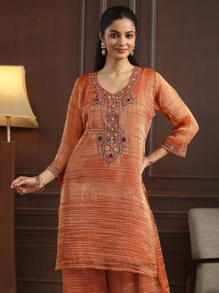 Libas Art Rust Red Yoke Design Embellished Tissue Farshi Salwar Suit