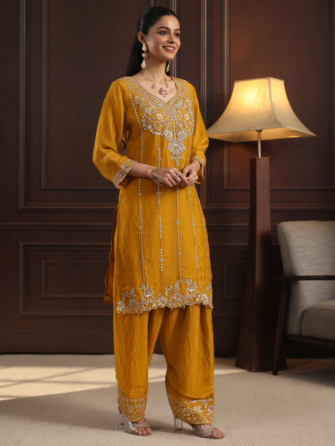 Libas Art Mustard Floral Embellished Tissue Farshi Salwar Suit
