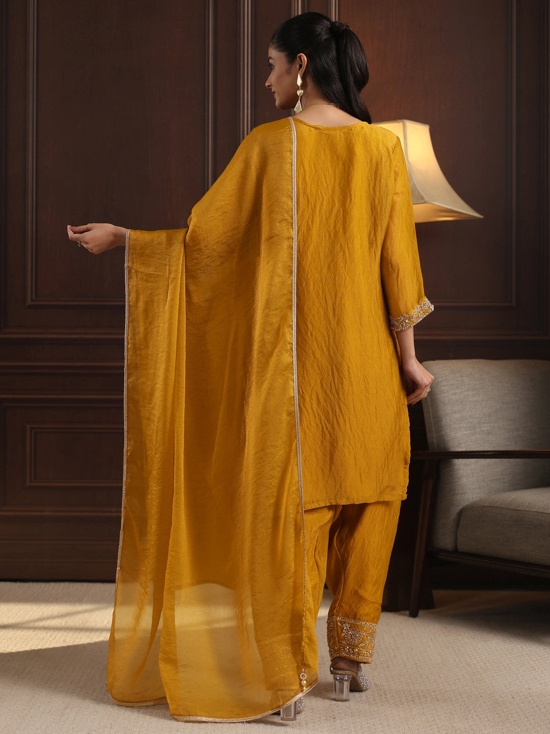Libas Art Mustard Floral Embellished Tissue Farshi Salwar Suit