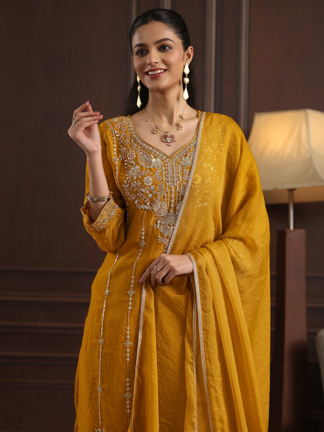 Libas Art Mustard Floral Embellished Tissue Farshi Salwar Suit