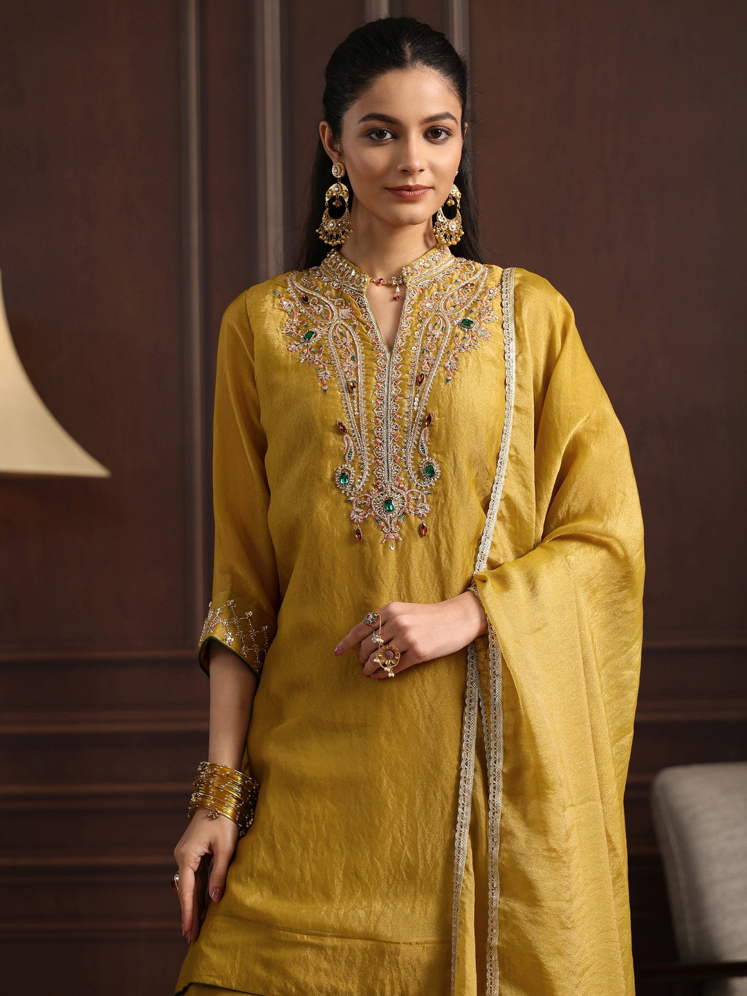 Libas  Mustard Yoke Design Tissue Farshi Salwar Suit