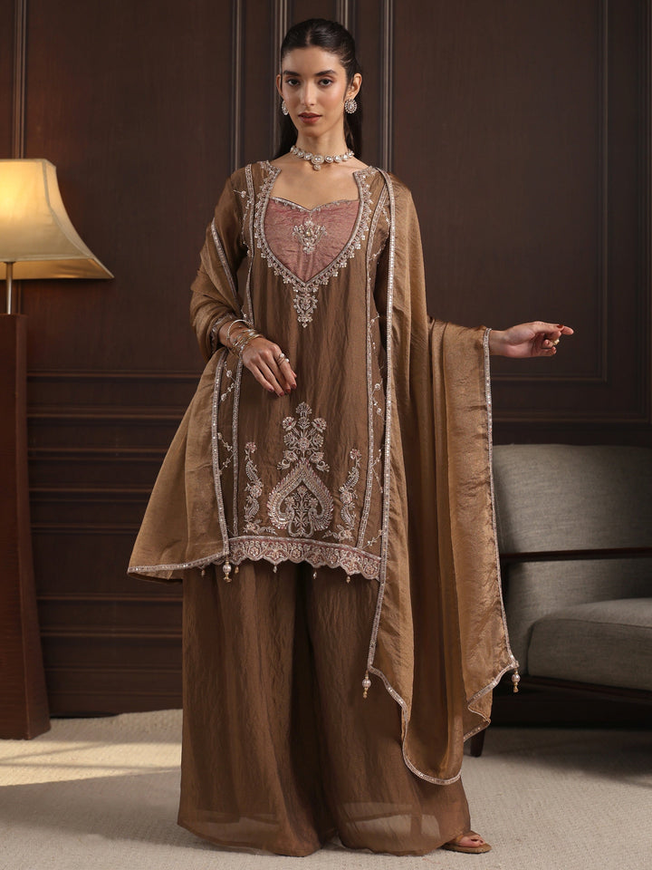 Libas  Brown Embellished Tissue Palazzo Suit Set