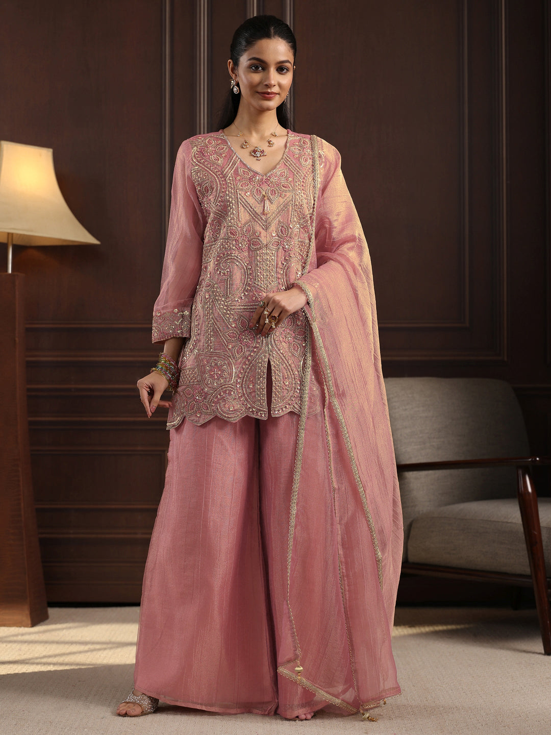 Libas Art Pink Floral Embellished Tissue Palazzo Suit Set