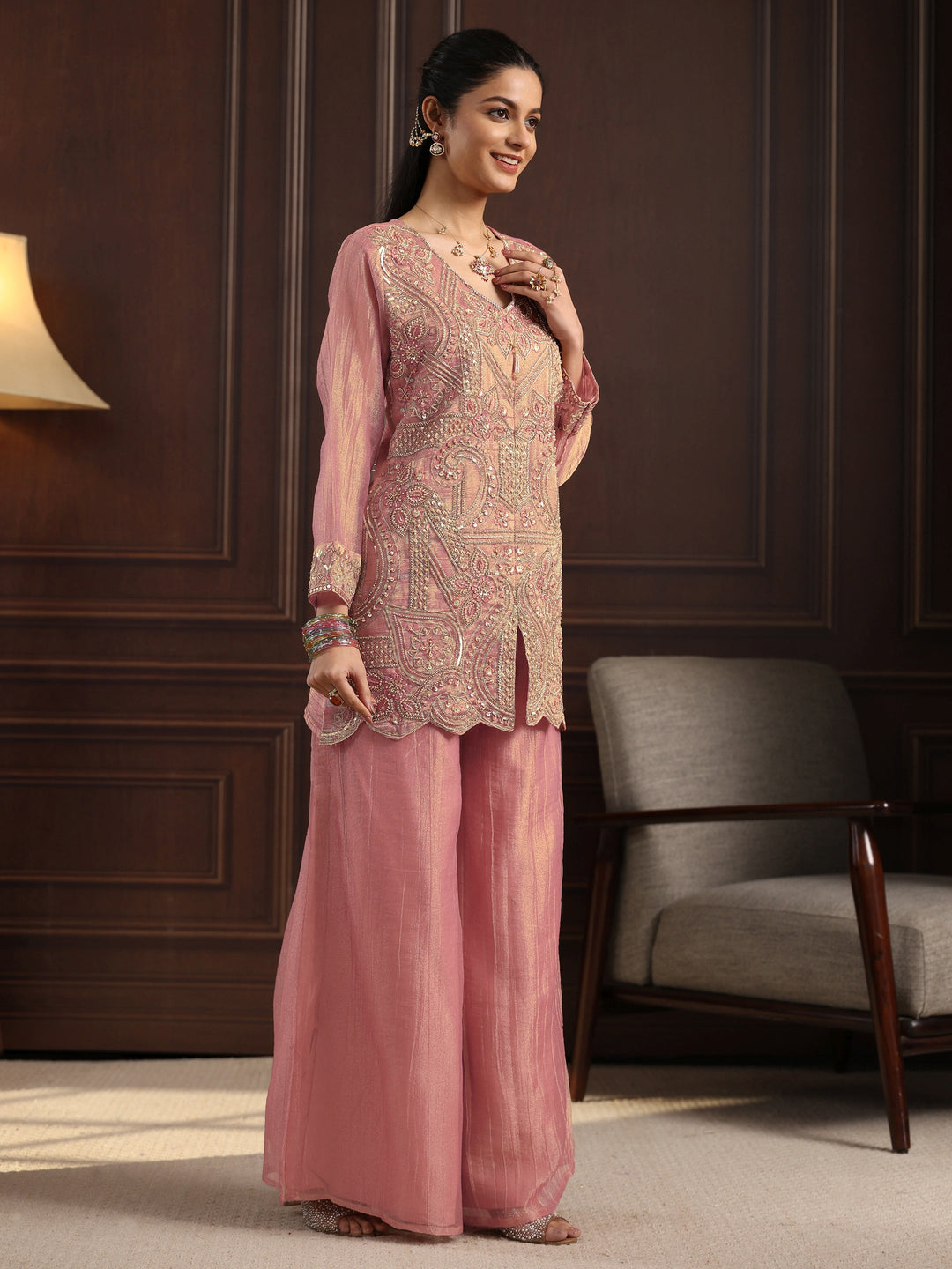 Libas Art Pink Floral Embellished Tissue Palazzo Suit Set
