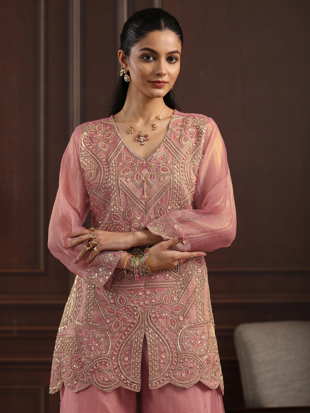 Libas Art Pink Floral Embellished Tissue Palazzo Suit Set