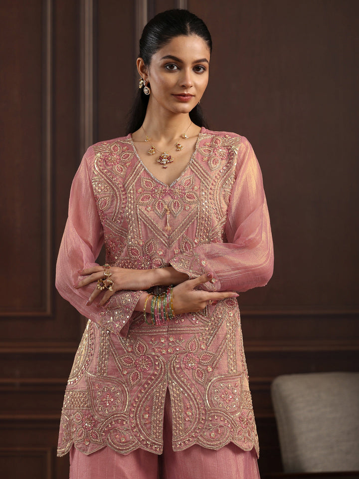 Libas Art Pink Floral Embellished Tissue Palazzo Suit Set