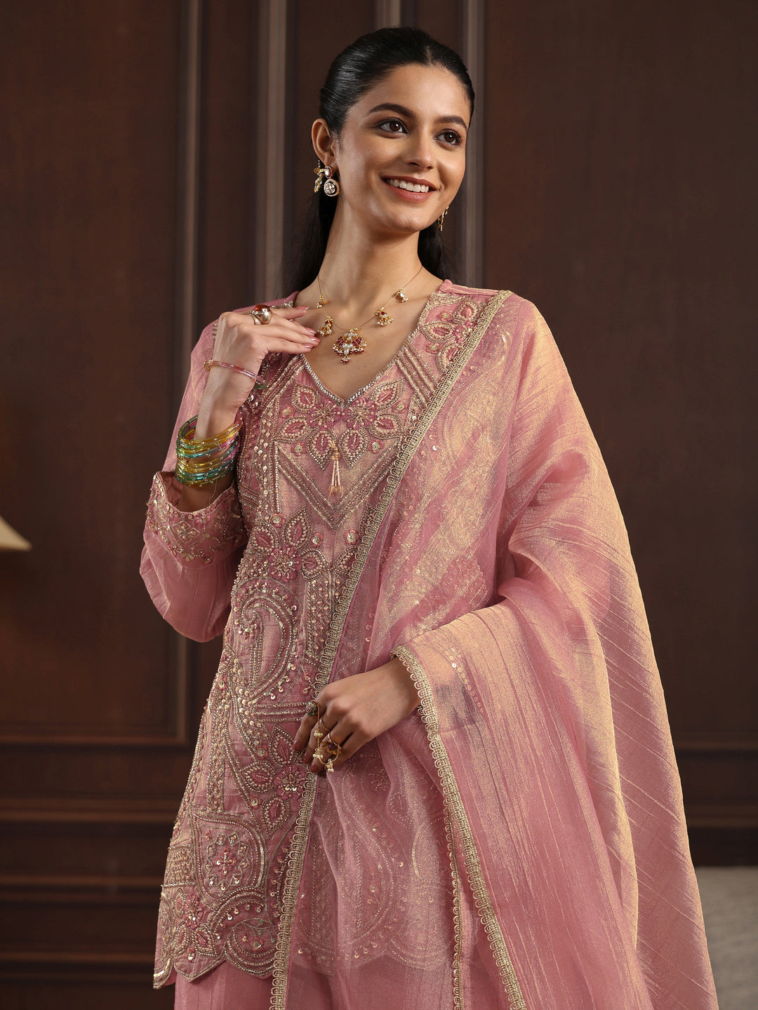 Libas Art Pink Floral Embellished Tissue Palazzo Suit Set