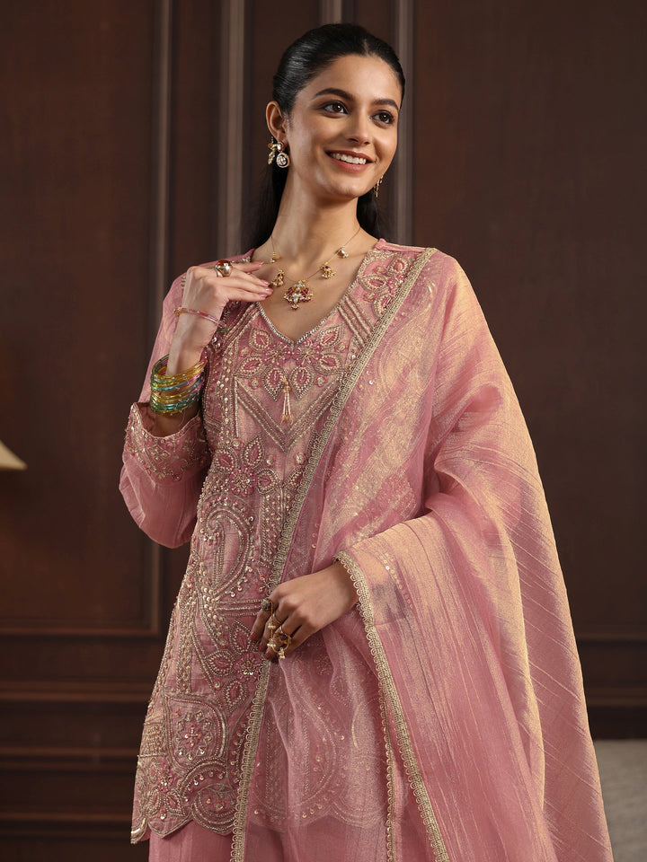 Libas Art Pink Floral Embellished Tissue Palazzo Suit Set