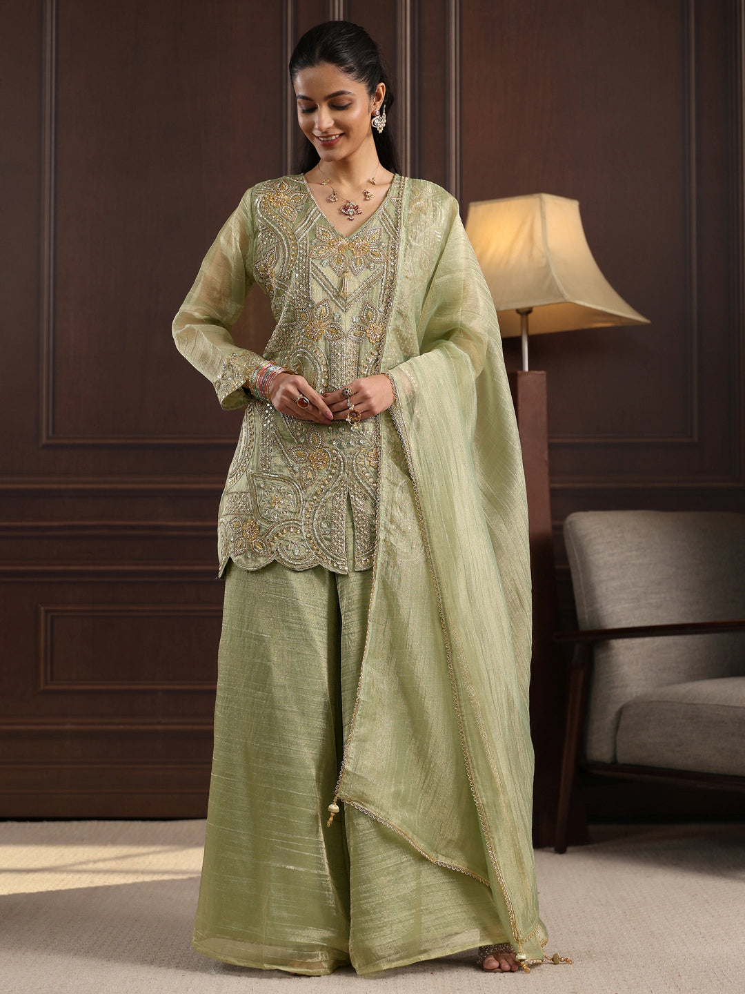 Libas Art Pista Green Floral Embellished Tissue Palazzo Suit Set