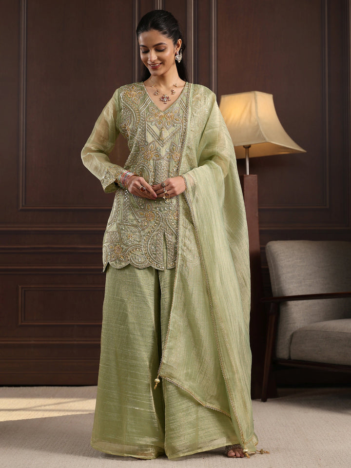 Libas Art Pista Green Floral Embellished Tissue Palazzo Suit Set