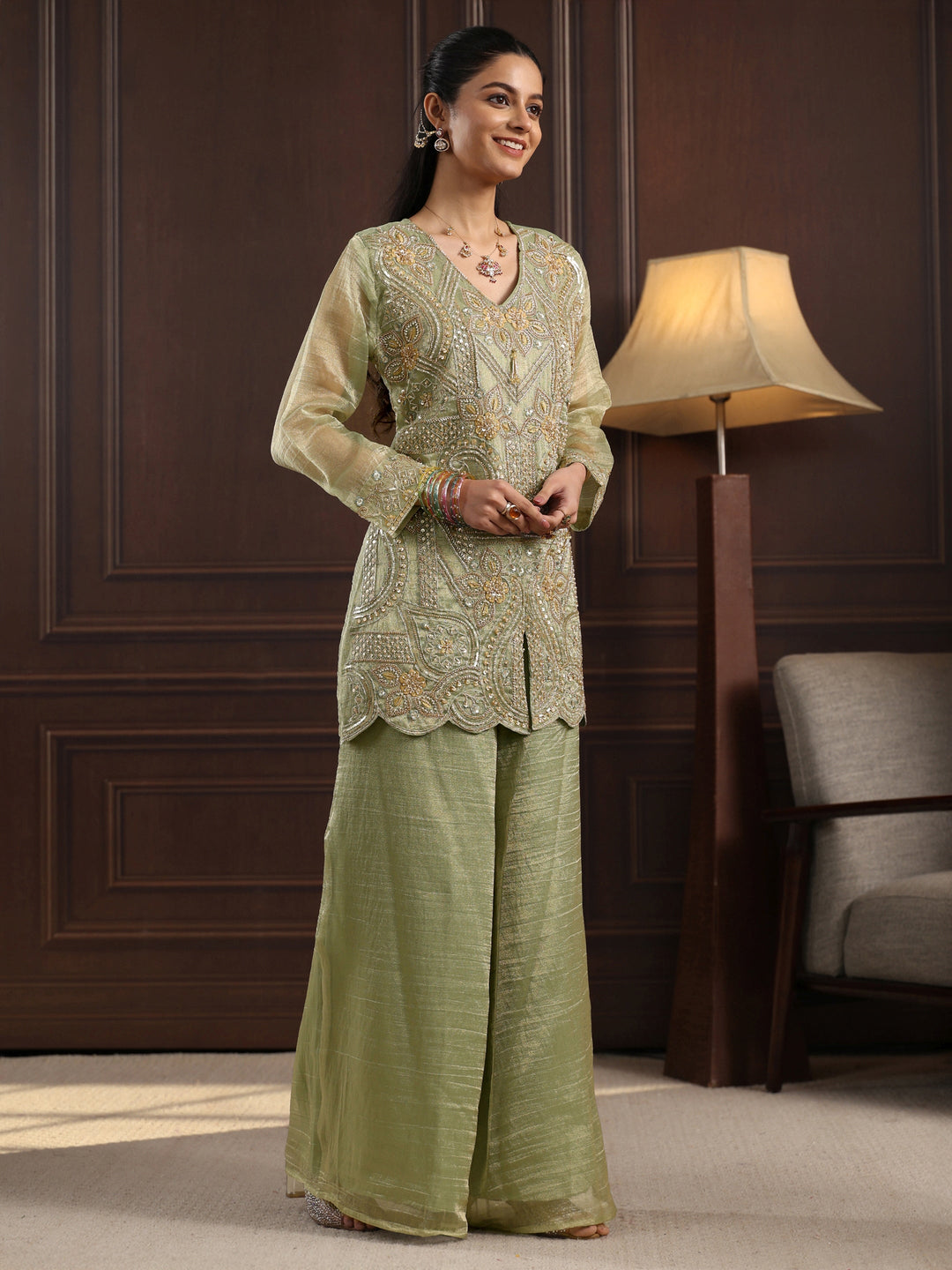 Libas Art Pista Green Floral Embellished Tissue Palazzo Suit Set