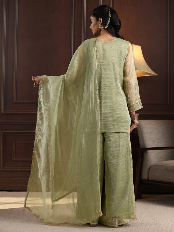Libas Art Pista Green Floral Embellished Tissue Palazzo Suit Set