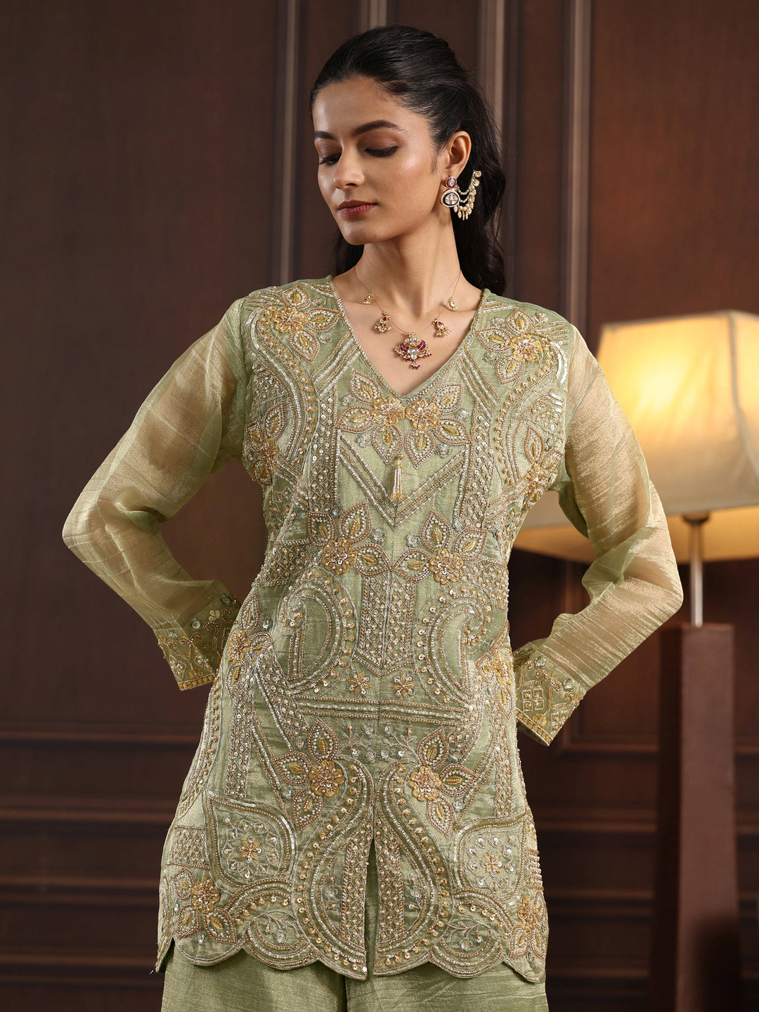Libas Art Pista Green Floral Embellished Tissue Palazzo Suit Set