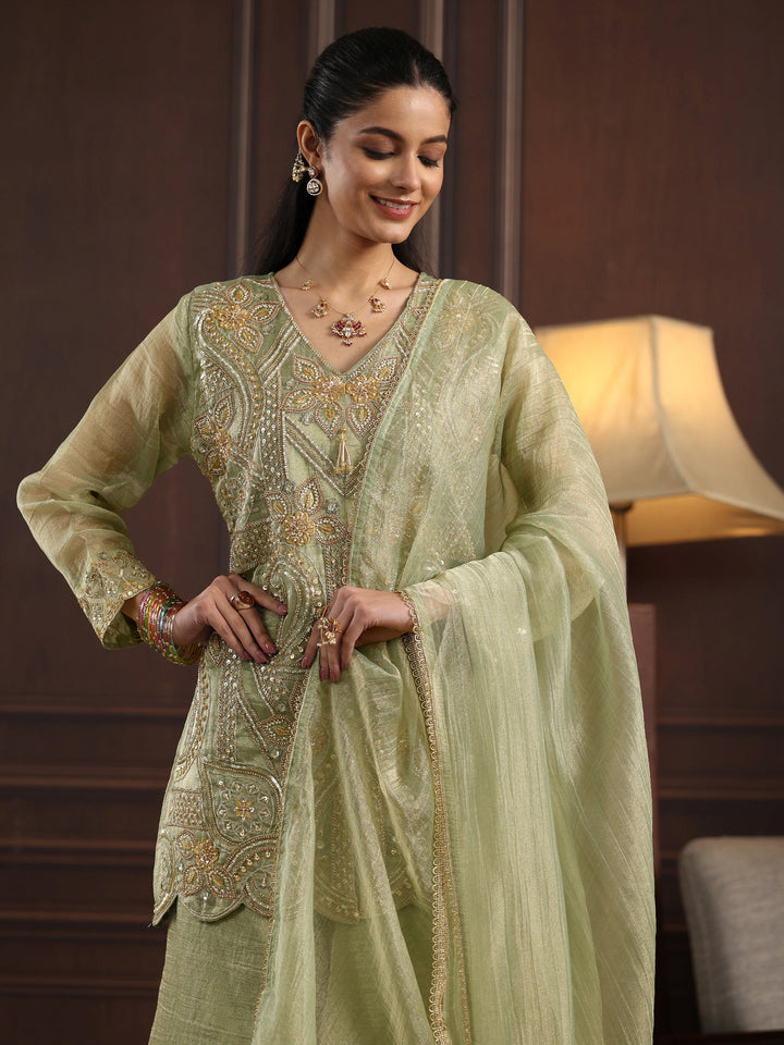 Libas Art Pista Green Floral Embellished Tissue Palazzo Suit Set