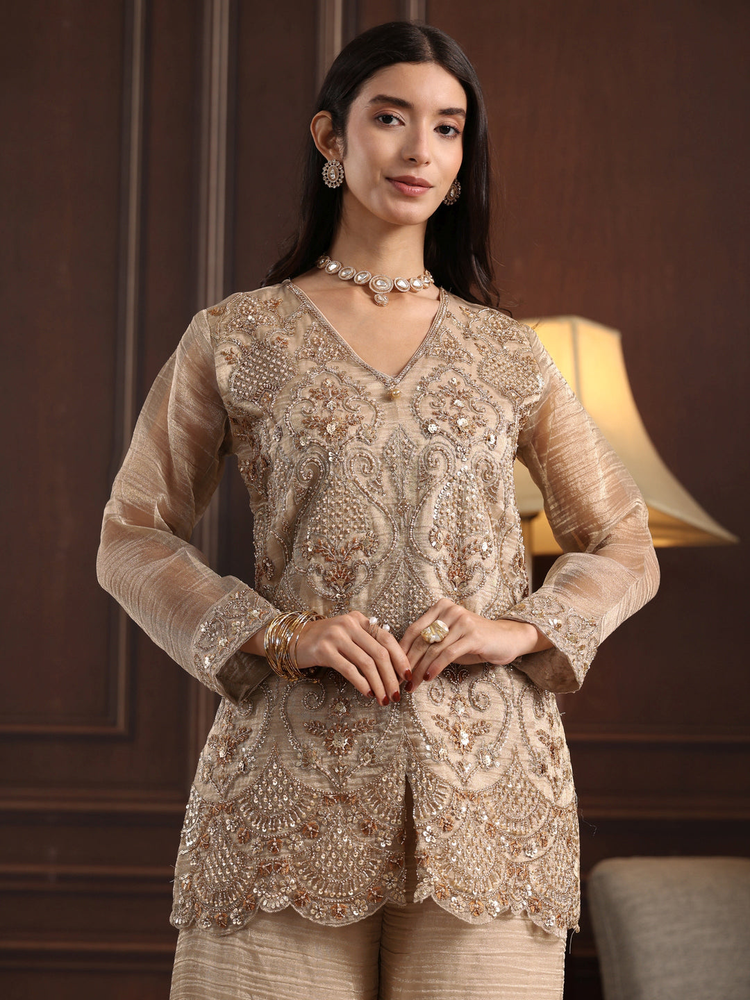 Libas Art Cream Floral Embellished Tissue Palazzo Suit Set