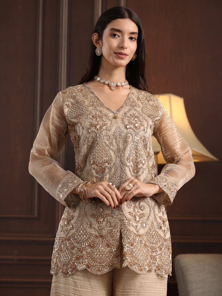 Libas Art Cream Floral Embellished Tissue Palazzo Suit Set