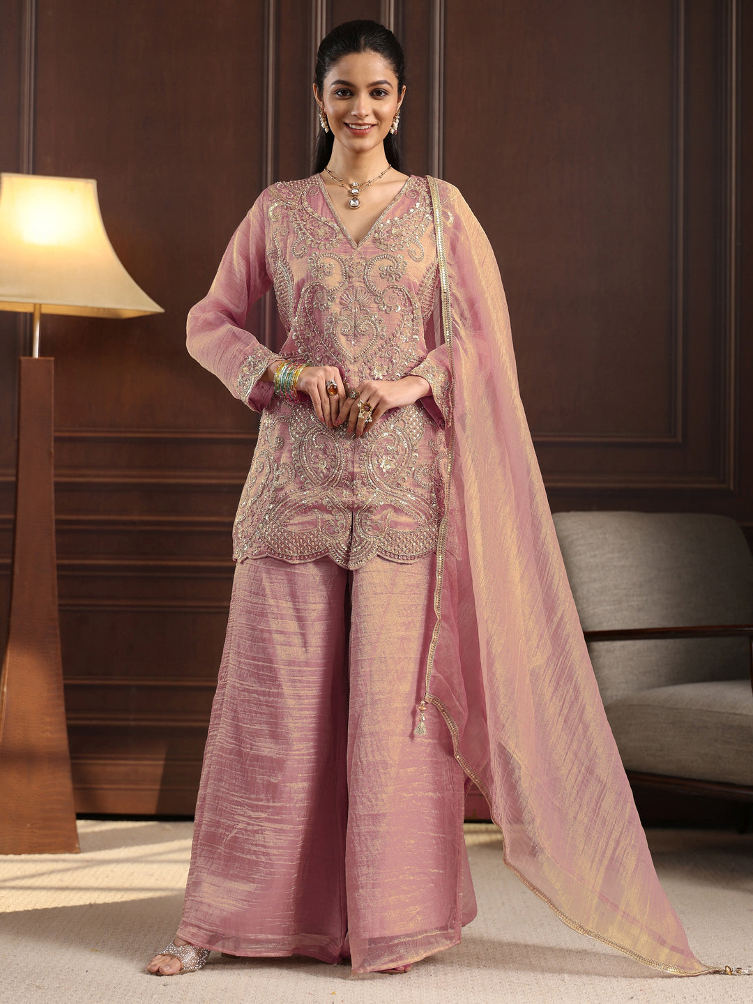 Libas Art Pink Floral Embellished Tissue Palazzo Suit Set