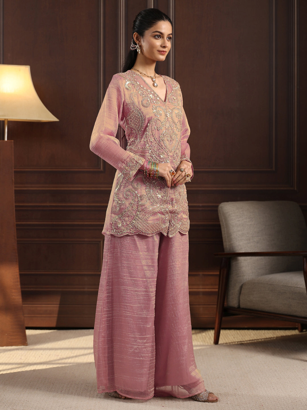 Libas Art Pink Floral Embellished Tissue Palazzo Suit Set