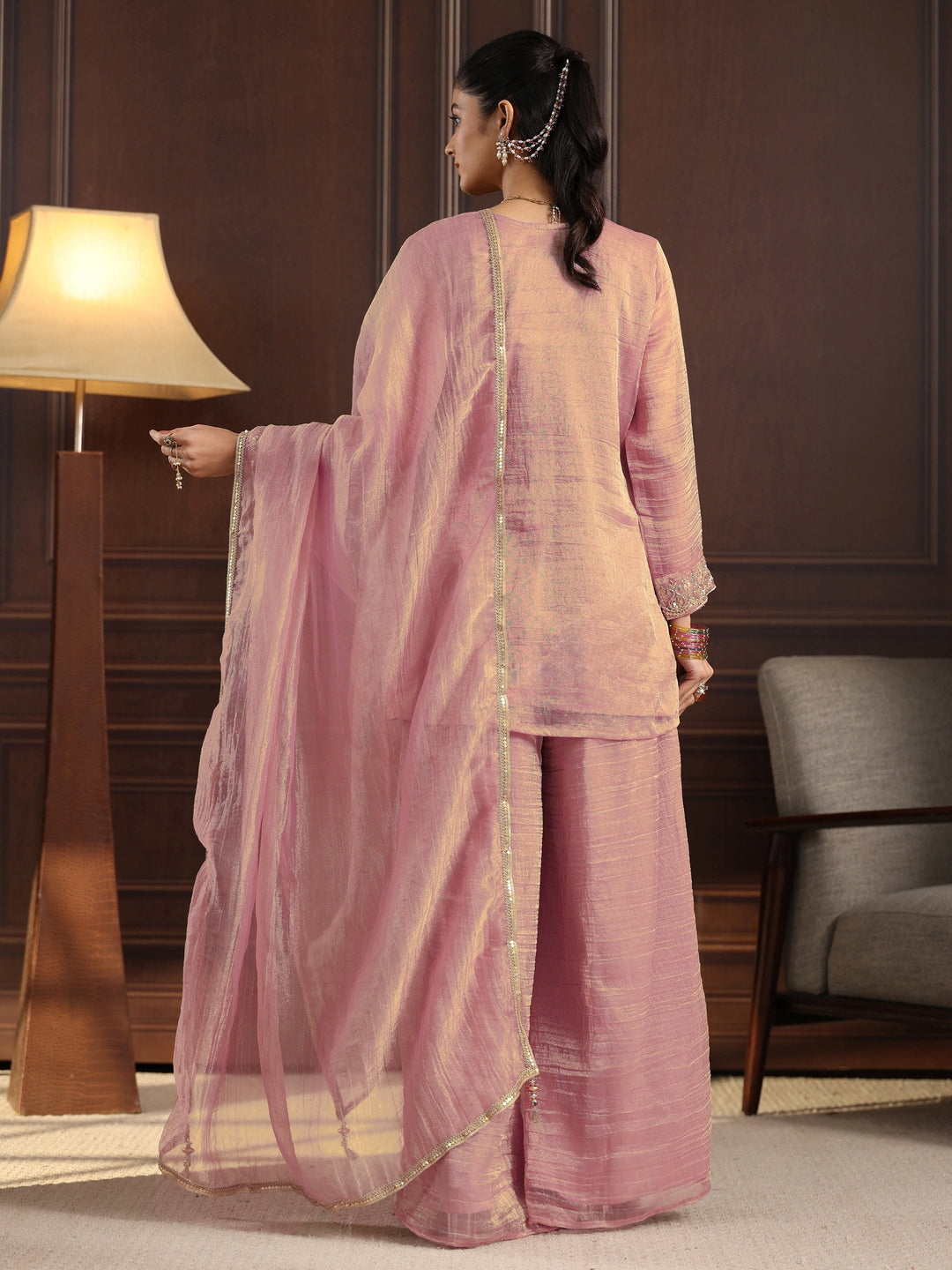 Libas Art Pink Floral Embellished Tissue Palazzo Suit Set