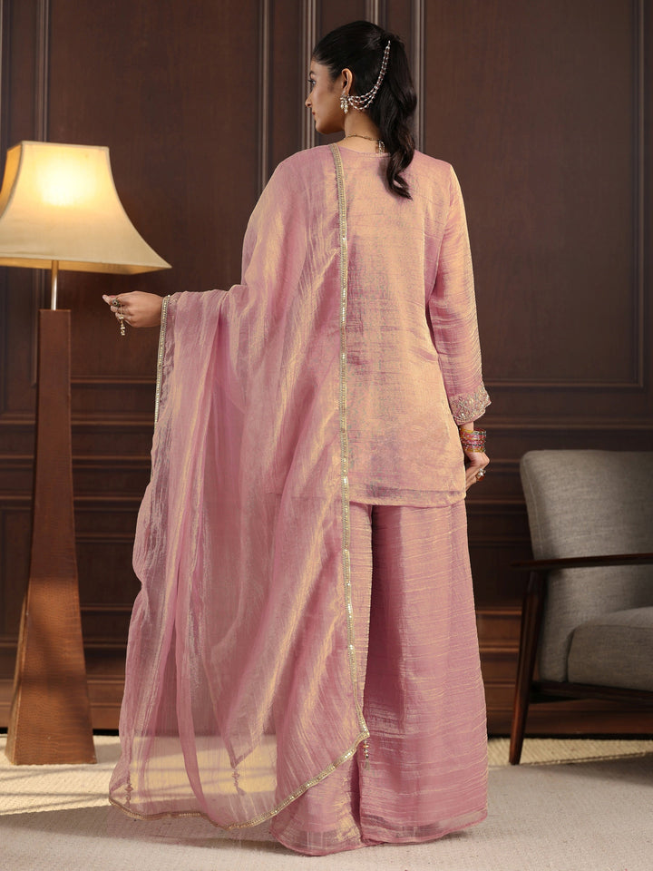 Libas Art Pink Floral Embellished Tissue Palazzo Suit Set